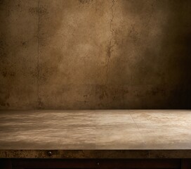 A weathered, cracked concrete wall with a dark brown hue and small holes is the main focus of the image, with a wooden platform beneath it