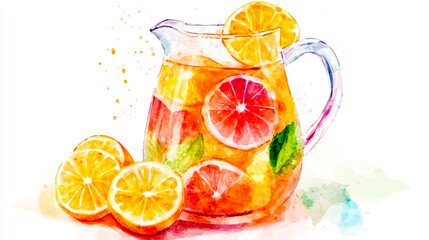 A vector watercolor illustration of a pitcher filled with citrus fruit slices
