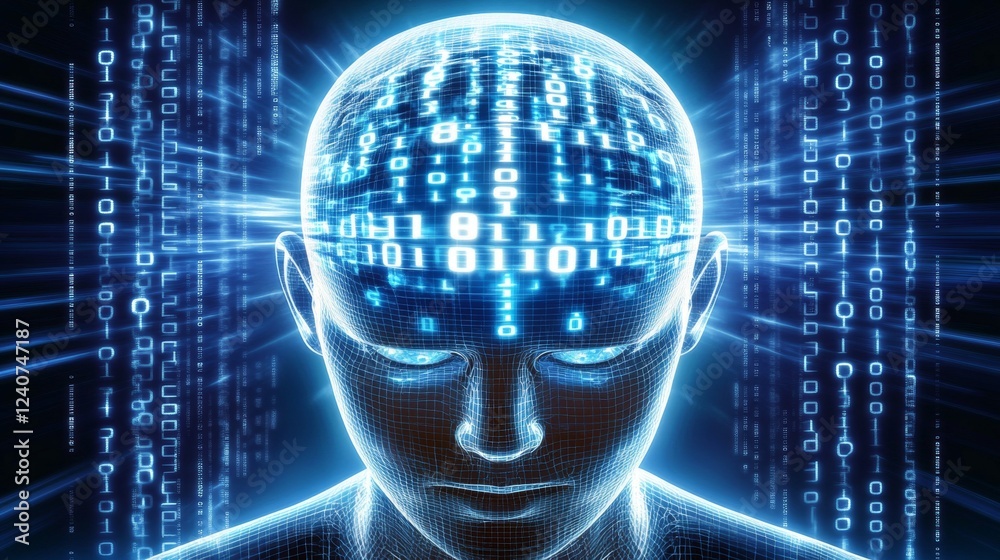 Poster artificial intelligence. glowing head with circuit paths and binary numbers data flowing through it.