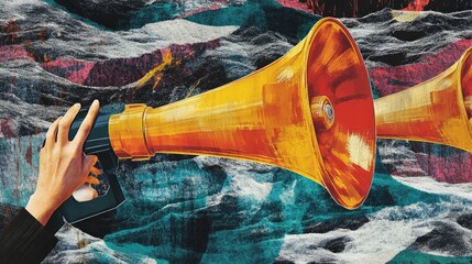 A contemporary collage of a hand holding megaphones, conveying the impact of fake news, set in a visually striking abstract technology landscape.