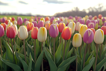 Vibrant Tulip Field in Full Bloom During Springtime