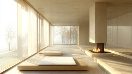 Modern minimalist living room with fireplace and large windows overlooking nature