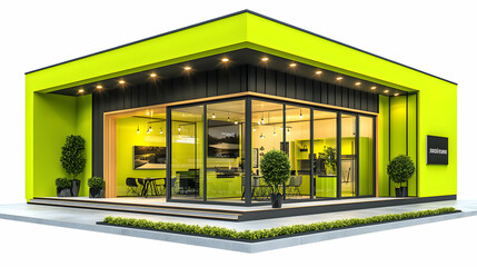 Modern Lime Green Retail Kiosk Design, Stylish Shop with Bright Accents and Interior Seating Area for Customers.