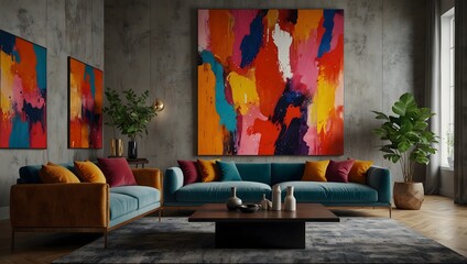 Modern living room with colorful abstract art, matching sofas, and green plants in corners


