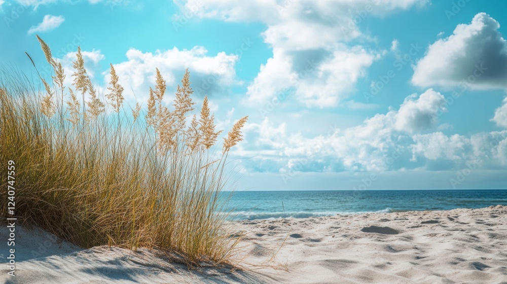 Poster coastal view with gentle waves and soft sand under a bright blue sky featuring wispy grass. generati