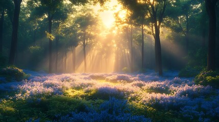 A vast, peaceful forest at sunrise, with rays of light filtering through the tall trees and soft morning mist swirling on the ground.