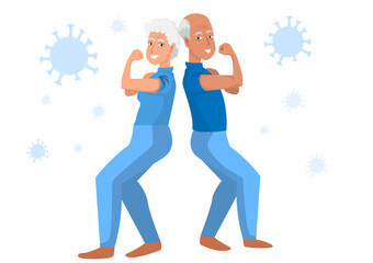 The old woman and old man showed their arms showing their strength. Fight germs with a healthy body