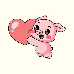 Cute Cartoon Pig Holding a Heart