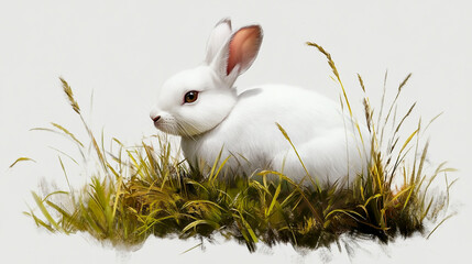 A White rabbit in the grass, side view, photorealistic