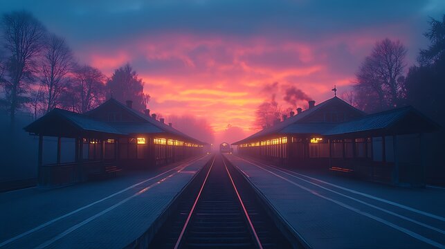 A vintage train station at dawn, with the faint outline of a train in the distance and soft clouds rolling across the sky.