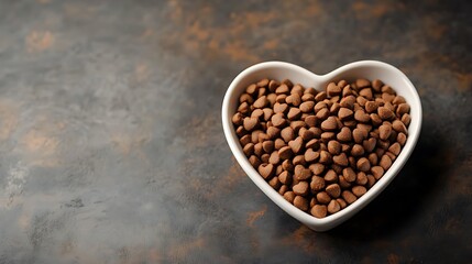 Fototapeta premium Dry pet food in heart shaped bowl on dark background. Top view.