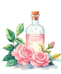 Pink Roses and Glass Bottle with Liquid on White Background