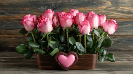 Fototapeta premium A Heartwarming Bouquet: Delicate Pink Roses Arranged in a Heart-Shaped Box, Accented with a Chocolate Heart, Perfect for Valentine's Day or Any Occasion to Express Your Love and Affection