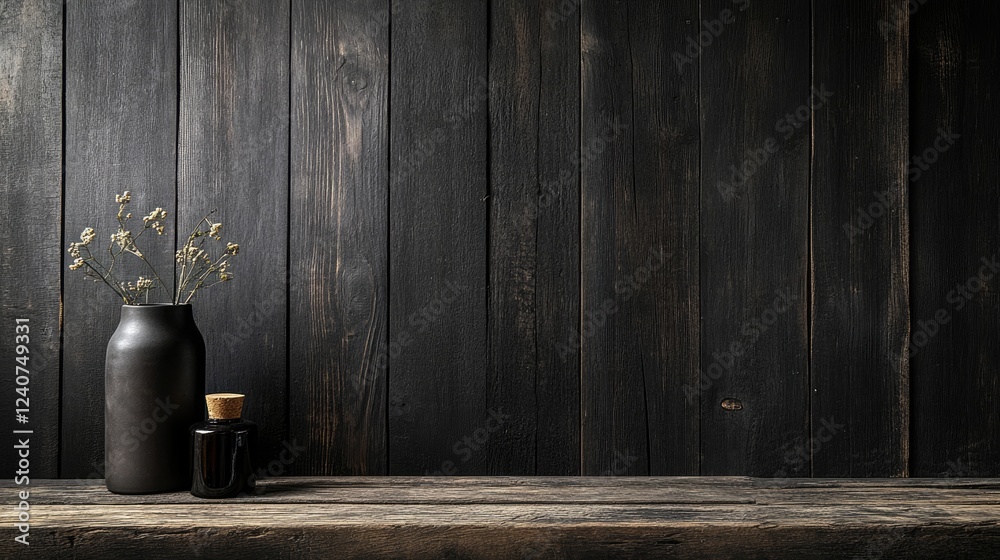 Poster a dark black wall with rugged wooden planks forms a rustic, textured backdrop, perfect for displayin