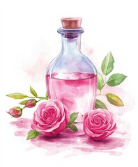 Pink Rose Extract in Glass Bottle with Fresh Roses and Leaves
