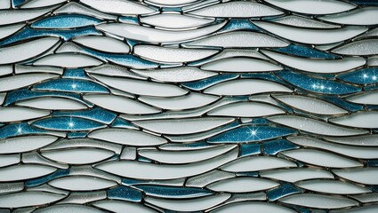 Blue White and Silver Abstract Mosaic Pattern with Wavy Shapes and Sparkles