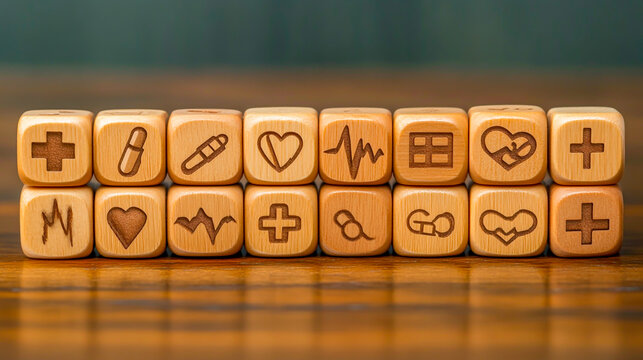 Comprehensive Health Insurance and Medical Care Concept A Set of Wooden Blocks Featuring Health-Related Icons