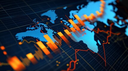 Global Stock Market Data, Blue World Map with Orange and Red Charts, Financial Analysis