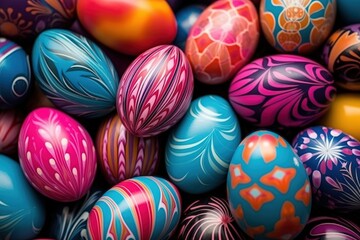 Obraz premium Close-Up View of Colorful Easter Eggs Decorated with Intricate Patterns and Vibrant Colors for Festive Celebrations and Seasonal Decor