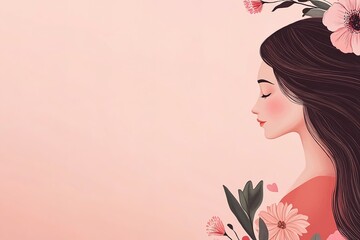 Fototapeta premium Side profile of illustrated woman with flowers, serene expression, pastel backdrop.