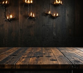 A rustic wooden table with a dark wooden table and six candle holders with varying lengths and lengths of flames casts a warm glow against a dark wooden wall, creating a cozy and inviting atmosphere