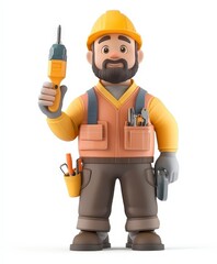 Fototapeta premium Cartoon Builder Character Holding Electric Drill with Tools