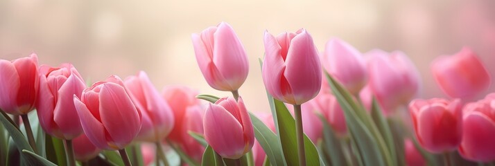 Fototapeta premium Close-Up View of Delicate Pink Tulips in a Soft Floral Background with Gentle Light and Natural Green Leaves