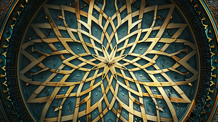 Intricate geometric pattern in vibrant blue and gold, showcasing artistic design and symmetry