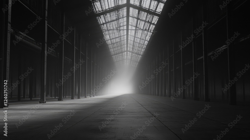 Poster A digitally created, dimly lit warehouse with no objects, featuring a three-dimensional design and abstract space, evoking a sense of emptiness and depth.