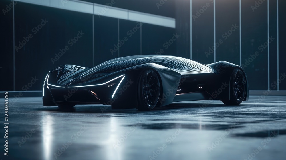 Poster a digital hologram of a futuristic car on a dark background, blending sleek design and advanced tech