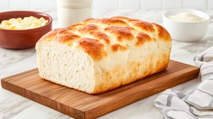 A freshly baked loaf of bread sits on a wooden cutting board, accompanied by butter and cream, showcasing its golden crust and soft interior.