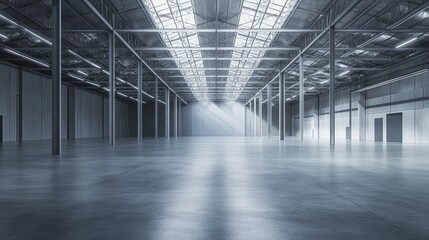 A digitally created, dimly lit warehouse with no objects, featuring a three-dimensional design and abstract space, evoking a sense of emptiness and depth.