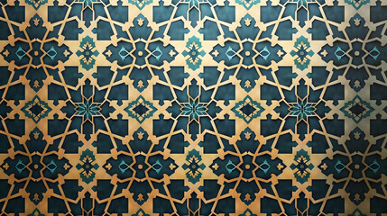 Intricate geometric tile pattern featuring teal and gold hues, suitable for interior design projects