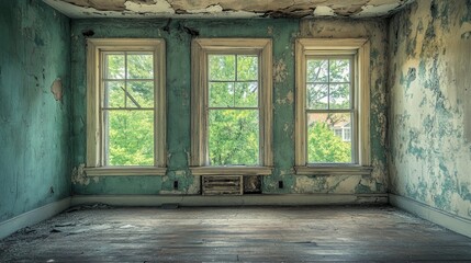 A dilapidated, weathered room with cracked walls, creating a moody and atmospheric scene that evokes feelings of abandonment and neglect.