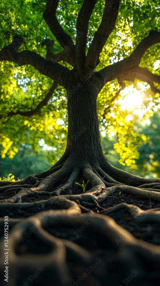 Poster sunlight filters through lush green leaves, casting a warm glow on the massive tree's gnarled roots 