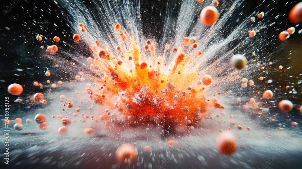 Aufkleber A dynamic scene of vivid Styrofoam mini balls exploding outward, with motion blur adding an energetic, action-packed feeling.