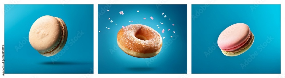 Poster three delectable treats levitate against a vibrant blue backdrop. a donut is surrounded by sparkling
