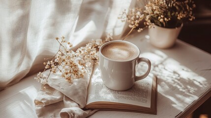 Cozy Morning Scene with Coffee Cup and Open Book on Table