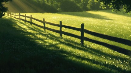Fototapeta premium A fence's shadows reach long across a vibrant green field, with the sun just rising and casting a warm, tranquil glow.