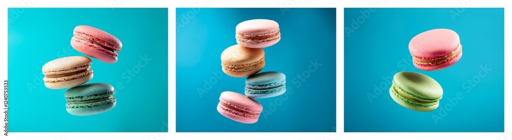 Aufkleber three images showcase pastel-colored macarons in mid-air against a vibrant turquoise backdrop. the d