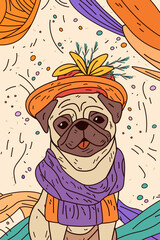 Pug in festive hat and scarf colorful whimsical background with abstract shapes and confetti playful design perfect for greeting cards and posters