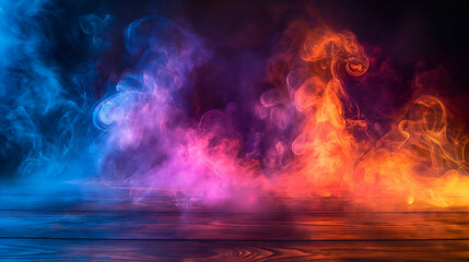 Colorful Smoke Swirls Dark Wooden Background, Vivid Purple Blue Orange Haze.