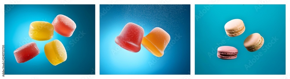 Poster a vibrant image showcasing assorted colorful candies and macarons against a teal backdrop. sweet tre