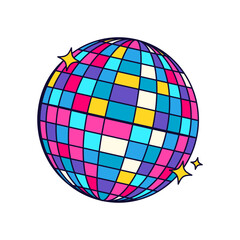 Vector disco ball retro icon. Vintage music and discotheque, night club party and 90s dancing, celebration sphere. Globe for 80s holiday and festive entertainment. Mirrorball for dance. Disco ball.
