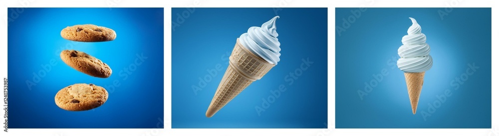 Aufkleber a vibrant blue backdrop showcases floating chocolate chip cookies and ice cream cones. the image evo