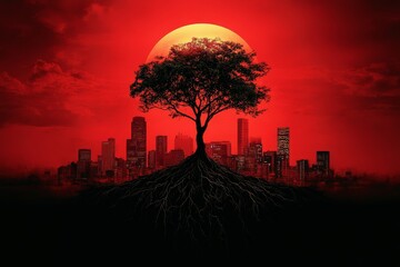 Obraz premium Vector illustration of a plant with roots and city silhouette on a vibrant red background, symbolizing growth and urban life.
