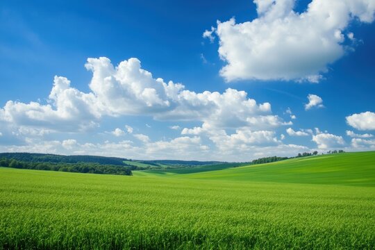 Expansive green fields under a bright blue sky with fluffy white clouds during a sunny daytime in the countryside. Generative AI