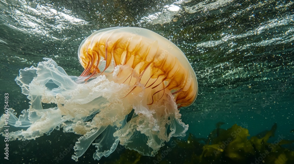 Poster a stunning jellyfish floats effortlessly beneath the surface, showcasing its translucent body and vi