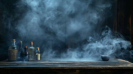 Mystic Bottles on Wooden Table Smoke and Potion, Fantasy Blue Haze, Magic Glass.