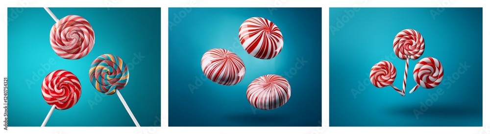 Poster three vibrant images showcase red and white swirled lollipops against a teal backdrop. some lollipop